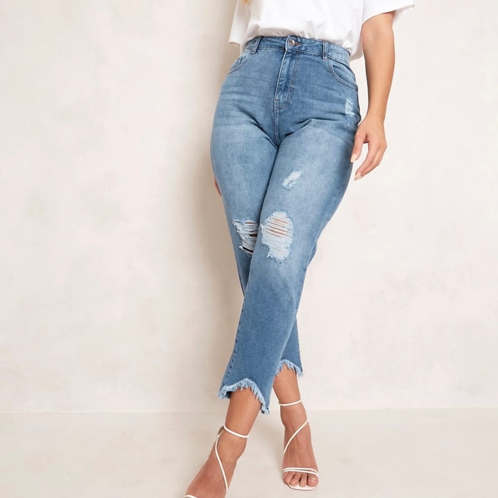 Boo Hoo Plus Ripped Distressed High Waist Mom Jeans